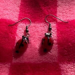 Lady bug dangling red and black earrings